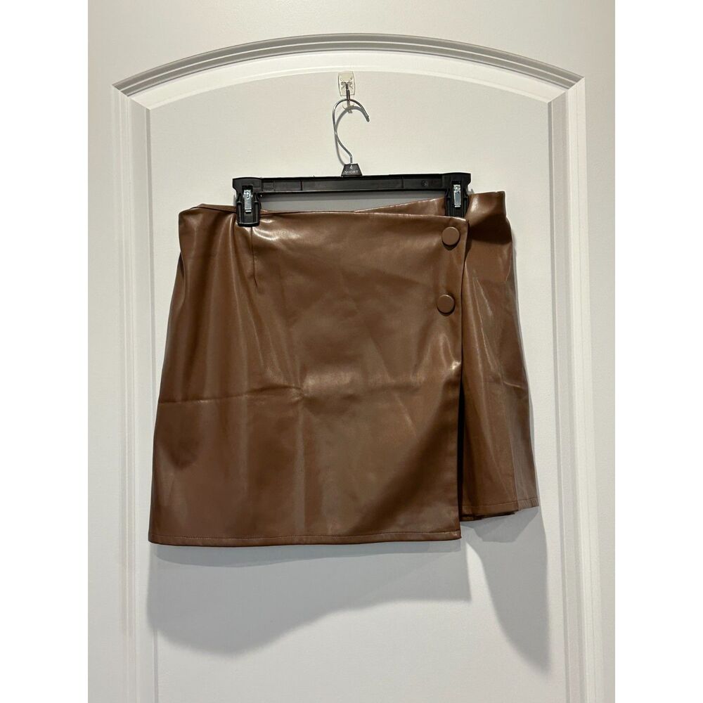 NWT The Drop Faux Wrap Faux Leather Brown Mini Skirt Size Large